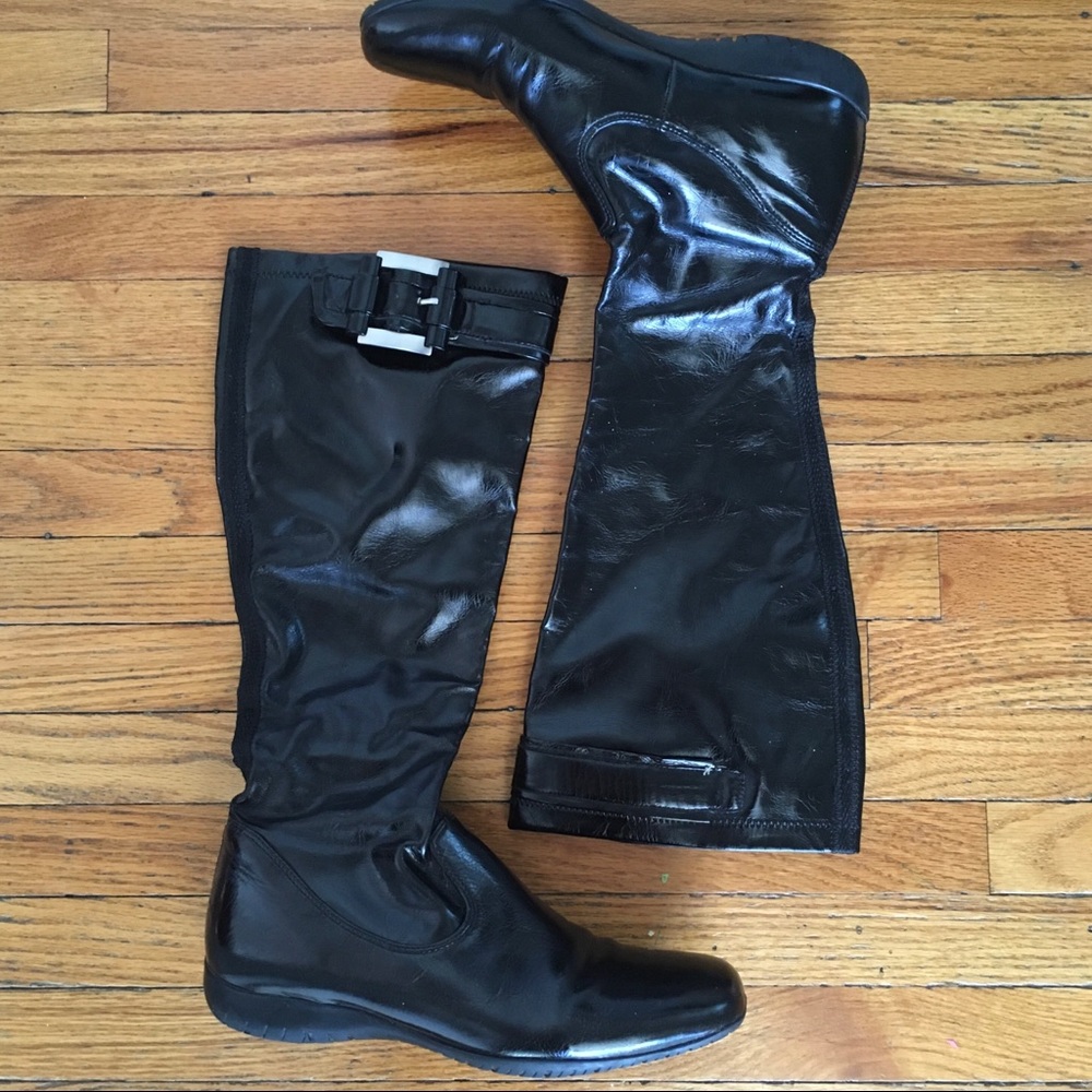 Franco Sarto Retro Style Fitted Black Patent Knee High Boots Black